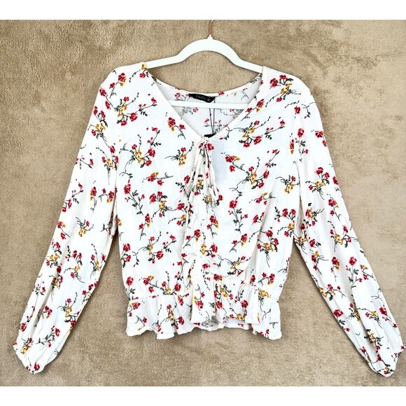 Floral‎ Peasant Peplum Blouse Womens XL White Long Sleeve Boho Cottagecore NWT - Picture 2 of 12